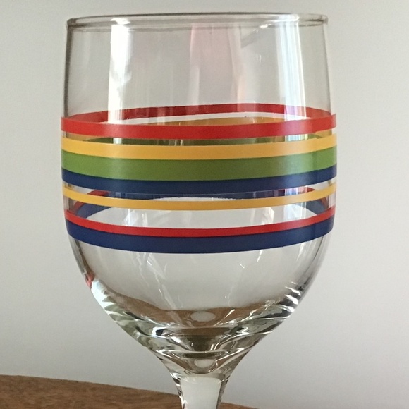 Vintage Libbey Fiesta Mambo Striped Wine Glass Blue Green Red Yellow Rings - Picture 2 of 10